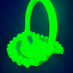 Vintage Fenton Custard Satin Uranium Glass Basket Hand Painted - Signed