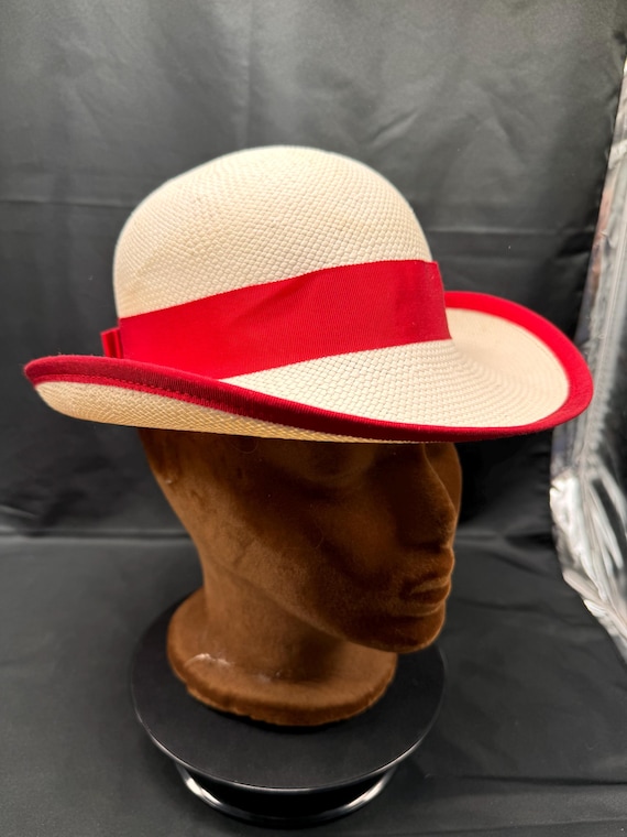 Vintage Classic Red Straw Hat with Cream Band Cream Straw Hat, Red Pleated Band, Summer Unisex Style, Size  main image 3