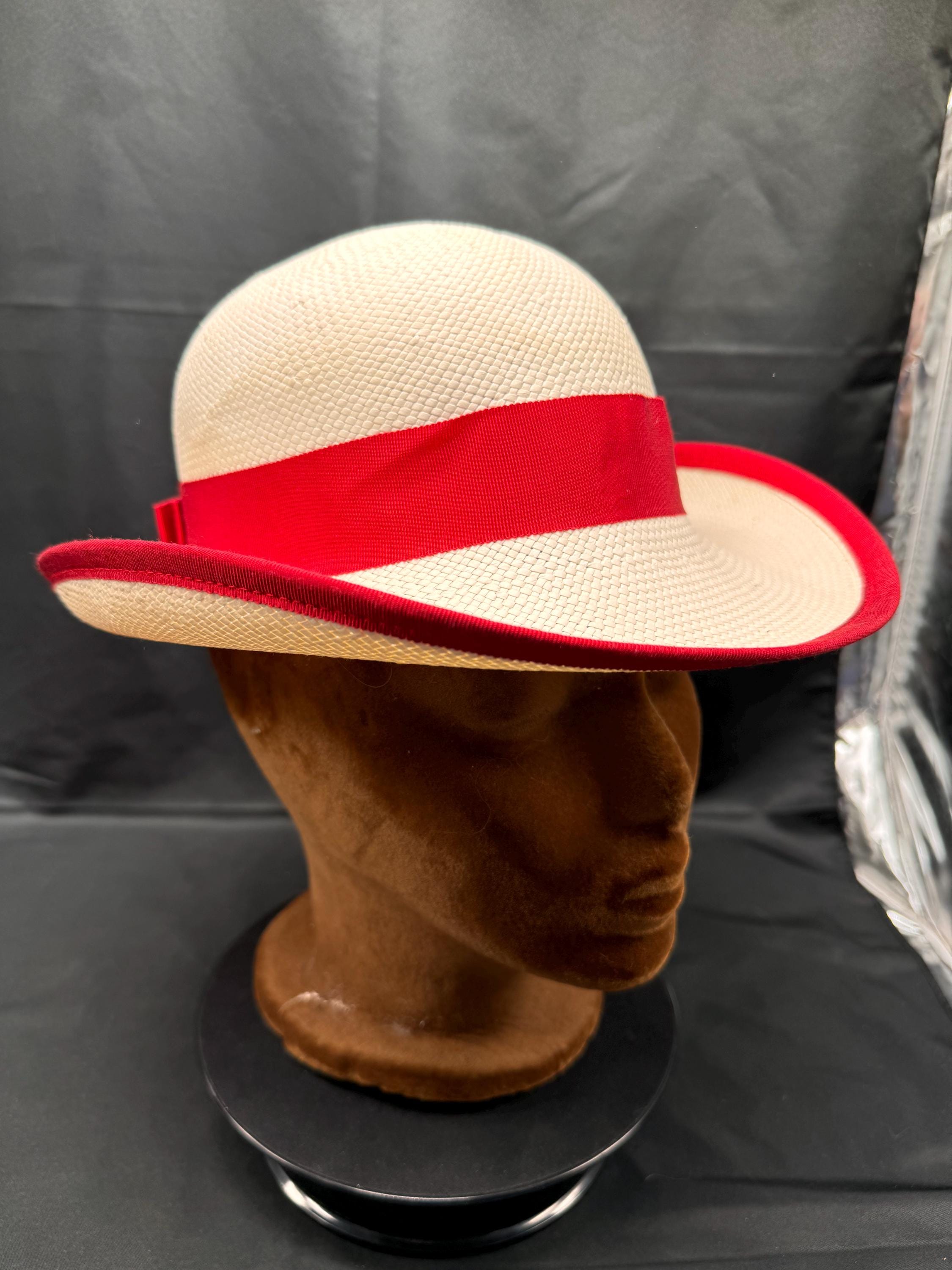 Vintage Womens Miss Bierner White and Red Paper Straw Panama Hat