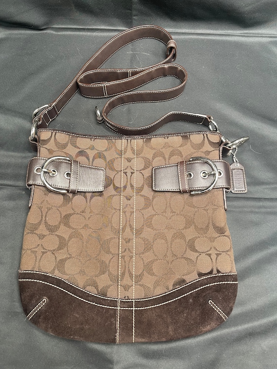 COACH Shoulder Bag Brown Monogram Canvas With Leather and Suede