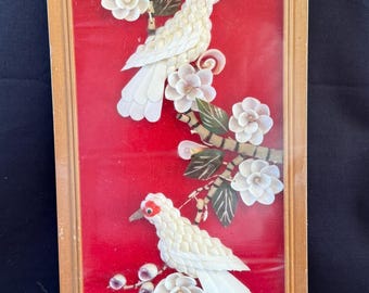 ヴィンテージ額入り中国貝殻アート 鳥 花 風景 - Etsy 日本