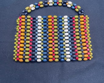 Vintage Rainbow Wooden Beaded Small Purse 7 by 4 inches