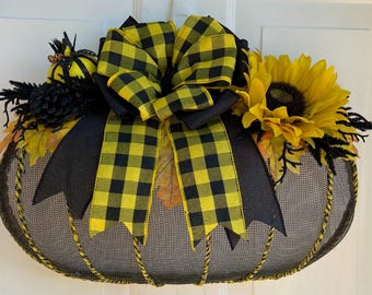 Handcrafted Burlap Pumpkin Wreath - Fall Door Decor, Black & Yellow