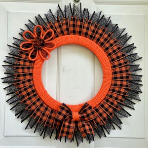 Handcrafted Fall Ribbon Wreath, Black & Orange Plaid, Front Door Decor