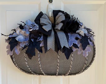 Handmade Burlap Pumpkin Wreath, Black Ribbon, Fall Decor