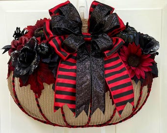 Pumpkin Wreath For Front Door, Red and Black Pumpkin,  Autumn Fall Foliage Pumpkin Decor, 3-D Pumpkin Wreath, Fall Door Decoration,