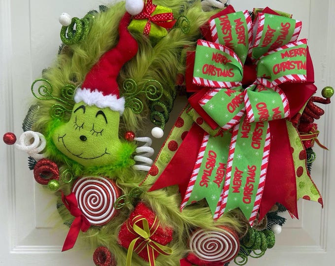 Grinch Christmas Wreath for Front Door, Green Furry Monster Holiday ...