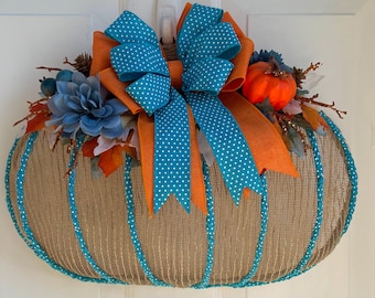 Deco Mesh Pumpkin Wreath, Blue & Orange Bow, Fall Farmhouse Decor