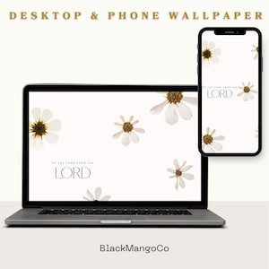 May include: A white desktop and phone wallpaper with a white background and scattered white flowers. The text "My joy comes from the LORD" is written in blue on the wallpaper.
