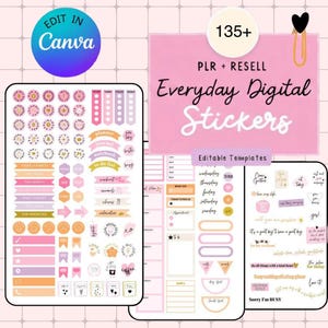 Puede incluir: Conjunto de pegatinas digitales con temática rosa y blanca. El conjunto incluye varias pegatinas con diseños florales, geométricos y de texto. El texto incluye "Everyday Digital Stickers", "Edit in Canva" y "PLR + RESELL".
