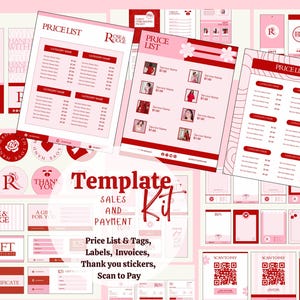 May include: A pink and red template kit with price lists, tags, labels, invoices, and thank you stickers. The kit includes a variety of designs with the text "Rose & Rouge" and "Template Kit". The kit also includes QR codes for scan to pay.