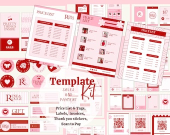 Red Canva 販売支払いパッケージテンプレートバンドル | 価格表とタグ、スキャンして支払い、請求書、ボックスラベル、サンキューステッカー - デジタル