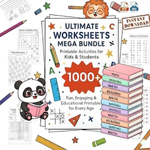 May include: A bundle of printable worksheets for kids and students. The image features a stack of books labeled Math, Reading, and Writing, along with a panda reading a book. The text reads "Ultimate Worksheets Mega Bundle" with over 1000 activities.