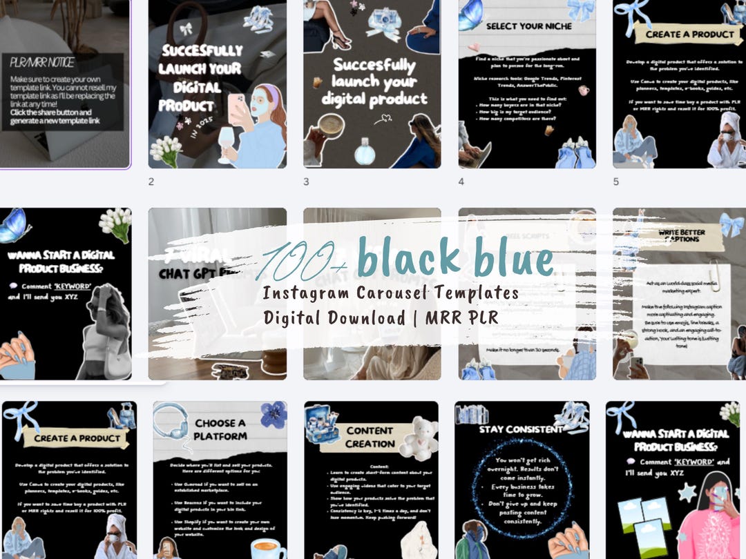 100+ Black Blue Faceless Instagram Carousel Templates Canva | Aesthetic ...