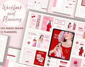 May include: A selection of pink and red workbooks and planners. The image features a tablet displaying a "Work Book" cover, alongside various pages and layouts. Text includes "Workbook and Planners", "100 Pages Ebook", and "12 Planners".