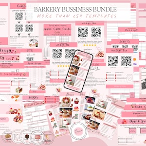 May include: A pink and white digital bundle for a bakery business, featuring over 250 templates. Includes price lists, thank you cards, order forms, and cake cutting guides. The bundle also has QR codes for social media and virtual tips.