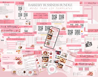 Plantilla editable para paquete de negocios de panadería (Gran paquete), hoja de cálculo rosa para panadería, factura, formularios de pedido, lista de precios, planificadores y tarjetas para el cuidado de pasteles.