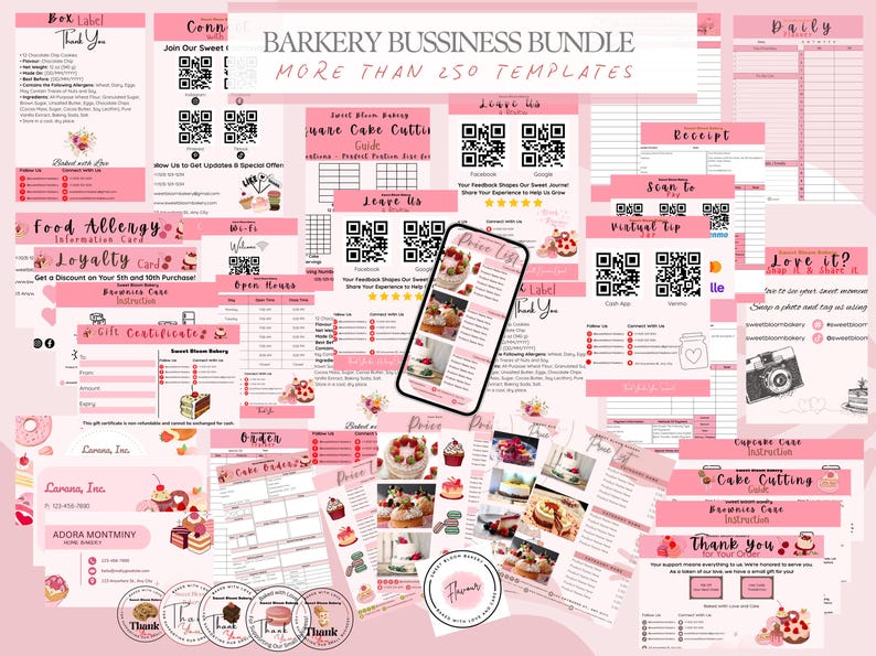 May include: A pink and white digital bundle for a bakery business, featuring over 250 templates. Includes price lists, thank you cards, order forms, and cake cutting guides. The bundle also has QR codes for social media and virtual tips.
