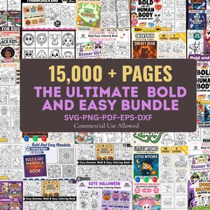 Op de afbeelding: Een verzameling kleurboeken met verschillende thema's, waaronder dieren, feestdagen en educatieve onderwerpen. De afbeelding bevat een centrale banner met de tekst "15.000+ PAGINA'S THE ULTIMATE BOLD AND EASY BUNDLE" en bestandsinfo.