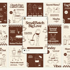Könnte beinhalten: Eine Sammlung von braunen und cremefarbenen Postern zum Thema Kaffee mit Illustrationen und Text. Das zentrale Bild ist ein Social-Media-Beitrag mit der Aufschrift "Small Batch Big Love". Weitere Poster enthalten Sätze wie "First Sip Club" und "Cloudy Days Call for Coffee".