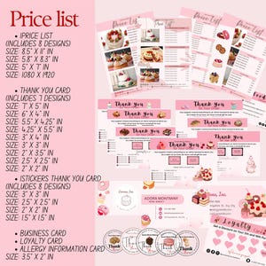 May include: Pink and white bakery-themed stationery set. Includes price lists, thank you cards, business cards, loyalty cards, and allergy information cards. Various sizes are listed, with the largest being 8.5 x 11 inches.