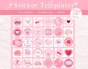 30 plantillas de pegatinas Coquette para Canva - Pegatinas redondas imprimibles - Bonitas pegatinas estéticas rosas para empaquetado, marca comercial C02