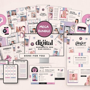 May include: A digital product bundle featuring various templates, workbooks, and checklists in pink and blue tones. Text includes MEGA BUNDLE, digital PRODUCTS YOU CAN RESELL, DONE FOR YOU, ginger DIARIES CLUB, and Siobhan Granger, with various icons.