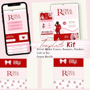 Puede incluir: Un kit de plantillas digitales en rosa y rojo, que muestra portadas, banners y encabezados para redes sociales. El diseño incluye maquetas en teléfonos inteligentes y tabletas, con el texto "Rose & Rouge" y "Template Kit".