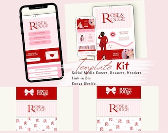 May include: A digital template kit with a pink and red color scheme, showcasing social media covers, banners, and headers. The design includes mockups on smartphones and tablets, with the text "Rose & Rouge" and "Template Kit".