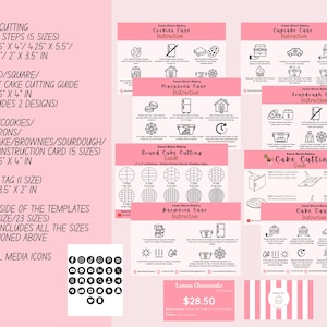 May include: A collection of pink and white instruction cards for baking, including cake cutting guides, care instructions, and a price tag. The cards feature black illustrations and text, with measurements in inches. Social media icons are also included.