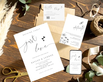 Nothing Fancy Just Love Invitation, Elopement Reception Invite Suite,RSVP, Minimalist Elopement Announcement Card, Modern Invite, Printable
