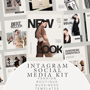 May include: A collection of Instagram social media templates for fashion boutiques. The templates feature images of clothing and accessories, with text overlays such as "New Arrival," "Best Seller," and "Wardrobe Essentials."