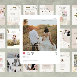 Può includere: Una raccolta di post e modelli di social media a tema matrimonio. L'immagine centrale mostra una coppia che cammina in un campo. I post includono testo come "Wedding & Events", "Elegant Simple" e "Portfolio".