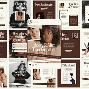 Könnte beinhalten: Eine Sammlung von Werbematerialien für einen Friseursalon, die verschiedene Layouts mit Text und Bildern enthält. Die Designs verwenden ein braunes und beiges Farbschema. Themen sind Haarpflege, Styling-Tipps und Kunden-Spotlights.