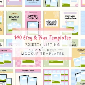 Könnte beinhalten: Eine Sammlung von 140 Etsy- und Pinterest-Vorlagen. Die Vorlagen umfassen 70 Etsy-Listing- und 70 Pinterest-Mockup-Vorlagen. Die Vorlagen haben verschiedene Designs mit Platz für Überschriften, Produktnamen und Bilder. Die Farbpalette umfasst Rosa, Gelb und Grün.