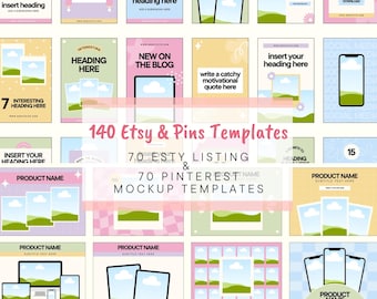 140 Editable Pastel Pinterest Pin and Etsy Listing Mockup Templates, Drag and Drop Templates, Canva Template Bundle