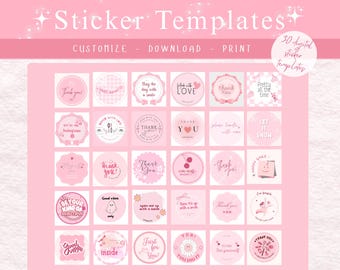 30 plantillas de pegatinas Coquette para Canva - Pegatinas redondas imprimibles - Bonitas pegatinas estéticas rosas para empaquetado, marca comercial C01