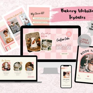 Pode incluir: Imagem de marketing digital mostrando modelos de sites de padaria. O design apresenta um esquema de cores rosa e branco com maquetes de um site, laptop, tablet e telefone. O texto inclui "Custom Cake" e "Book Today."
