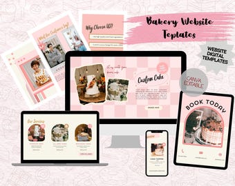 May include: A digital marketing image showcasing bakery website templates. The design features a pink and white color scheme with mockups of a website, laptop, tablet, and phone. Text includes "Custom Cake" and "Book Today."