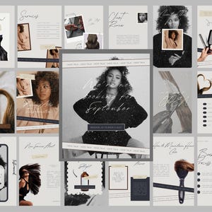 Peut inclure: Ensemble de graphiques pour les réseaux sociaux aux tons neutres, avec des images de cheveux, d'outils de coiffure et une femme aux cheveux bouclés. Le texte comprend "Services", "Client Reviews" et "We're no looking for September."