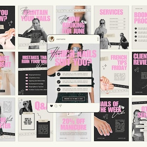 Peut inclure: Un collage de publications de médias sociaux avec une esthétique rose et noire, faisant la promotion des services de manucure. Les publications incluent du texte tel que "Le saviez-vous ?", "Comment entretenir vos ongles", "French Tips Friday" et "20% de réduction sur la manucure".