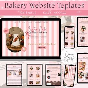 Peut inclure: Maquette numérique d'un modèle de site web de boulangerie, affichée sur un ordinateur portable, une tablette et un smartphone. La conception du site web présente un fond à rayures roses et blanches avec le texte "Custom Cake Made Just for You".