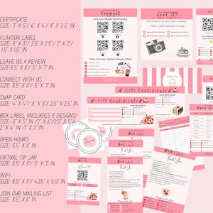 May include: A collection of pink and white promotional materials for Sweet Bloom Bakery, including certificates, labels, and cards. The designs feature floral accents and QR codes for customer engagement. Sizes are listed in inches.