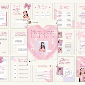 May include: A collection of pink and white Instagram posts promoting lash extension services. The central image reads "Meet Your Lash Tech" with a photo of a woman. Other posts detail services, booking, and client reviews.