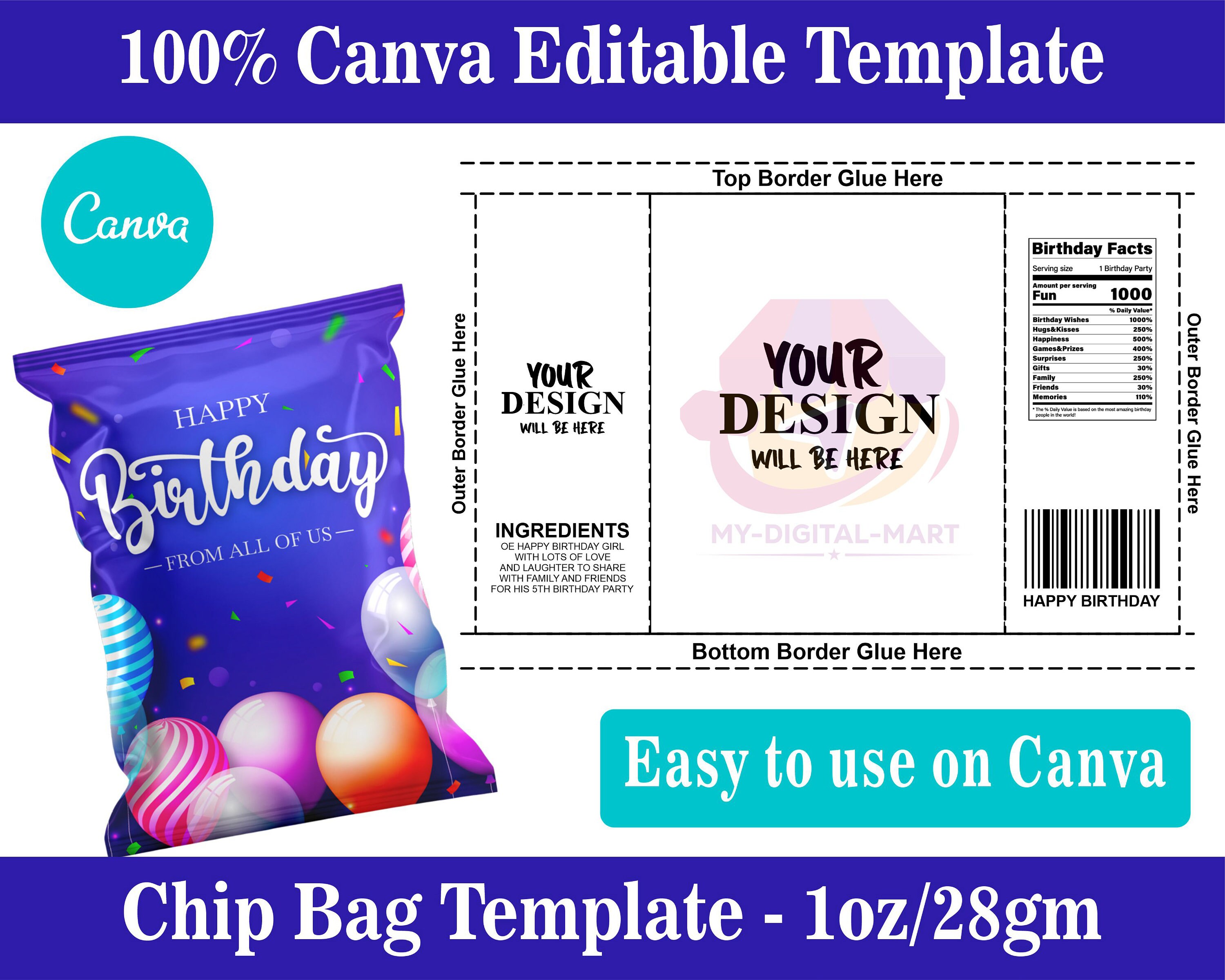 Chip Bag Template Canva Editable DIY Birthday Nutrition Etsy UK
