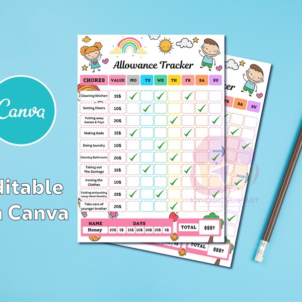 Editable Kid's Printable Allowance Tracker Digital Download: Keep Track of Their Earnings and Spending with Ease