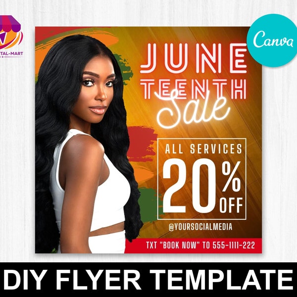 Juneteenth Sale Flyer template, hair, braids, nails, wigs, clothing boutique, instagram flyer, hot girl summer, canva template