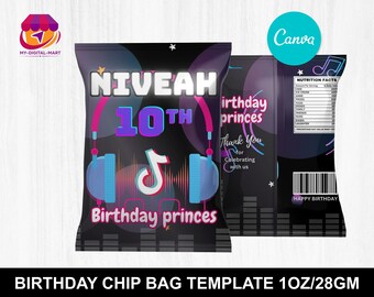 Tiktok Chip Bag, Chip Bag Template Canva Editable | DIY | Birthday Nutrition Facts + Birthday Ingredients + barcode