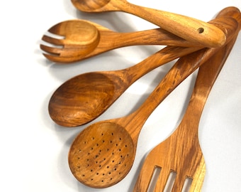 Juego de cucharas de madera de teca: 5 piezas de utensilios de cocina naturales