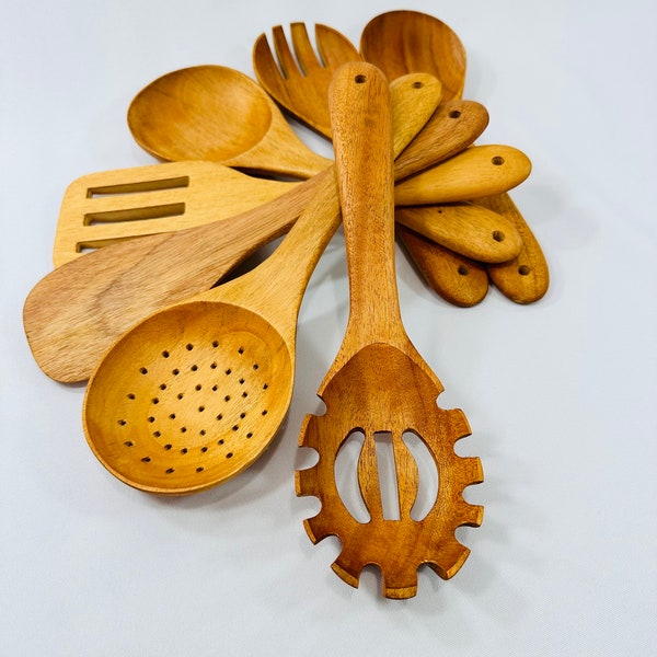 Ceylon Crafts 7-teiliges Mahagoni-Holzlöffel-Set, 5-teiliges Teakholz-Löffelset, Naturholz-Utensilien-Set, Comfort-Griff-Kochutensilien-Set